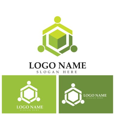 İnsanları birleştiren takım çalışması altıgen konsept logo simgesi vektör tasarımı