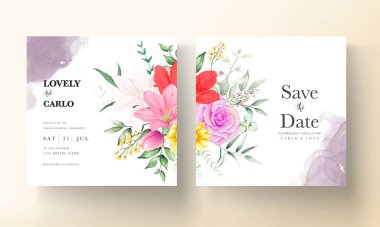 Güzel suluboya çiçek düğün davetiyesi seti