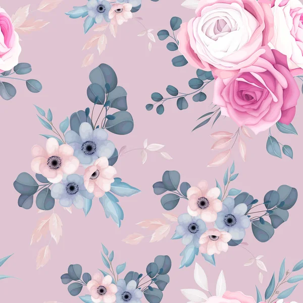 Romántico Rosa Azul Marino Patrón Inconsútil Floral — Vector de stock