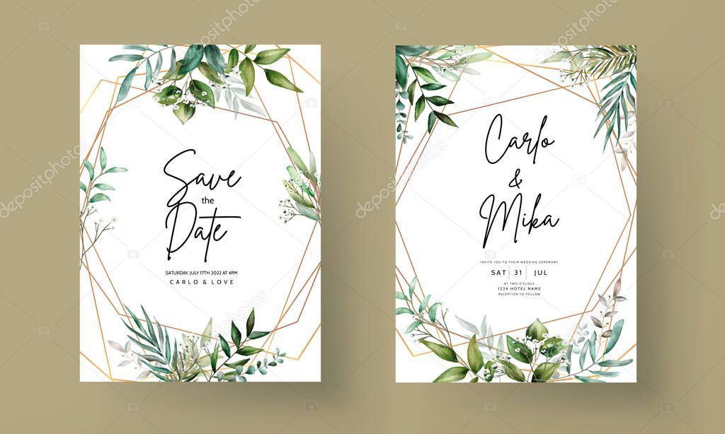 elegant wedding invitation card with hand drawing watercolor leaves