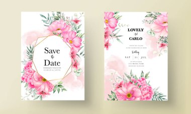 Romantik çiçek düğün davetiyesi şablonu ve çiçek çizimi.