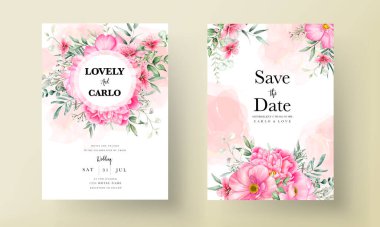 Düğün davetiyesi seti şablonu güzel çiçekler ve suluboya bırakıyor