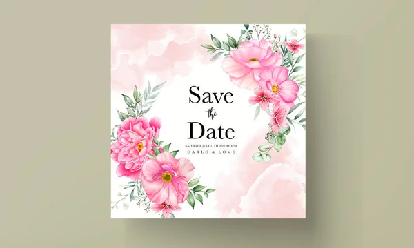 婚宴请柬模板配上美丽的花朵和水彩画 — 图库矢量图片