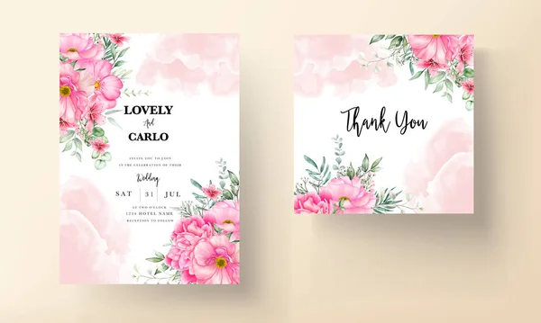 Wedding Invitation Card Set Template Beautiful Flowers Leaves Watercolor — Stock vektor