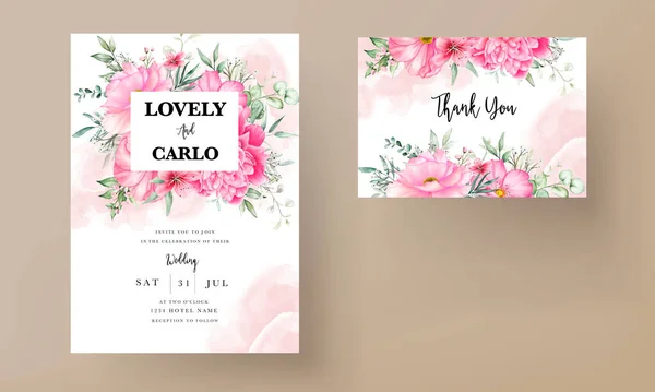 Wedding Invitation Card Set Template Beautiful Flowers Leaves Watercolor — Stock vektor