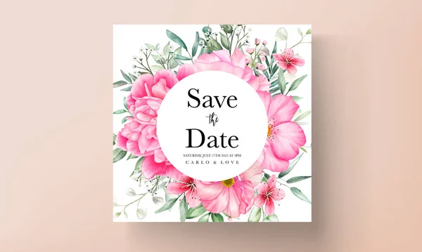 Wedding Invitation Card Set Template Beautiful Flowers Leaves Watercolor —  Vetores de Stock