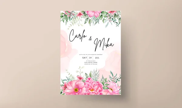Wedding Invitation Card Set Template Beautiful Flowers Leaves Watercolor — Wektor stockowy