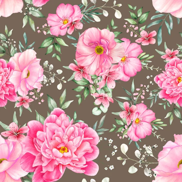 Beautiful Seamless Pattern Flowers Leaves Watercolor — стоковый вектор