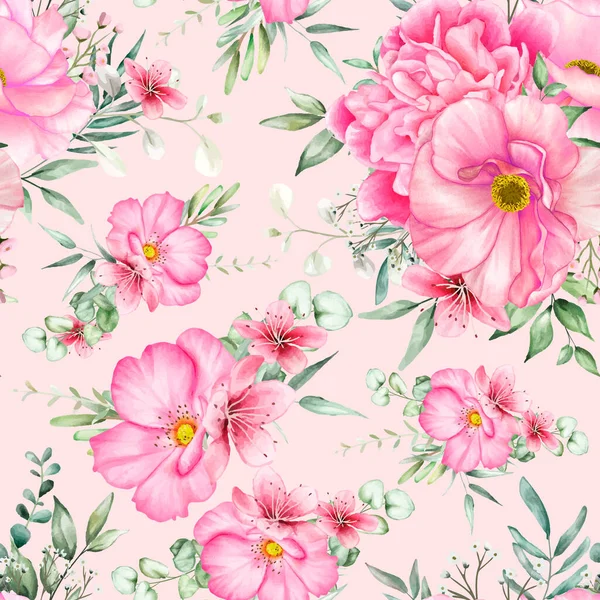 Vacker Sömlös Mönster Blommor Och Blad Akvarell — Stock vektor