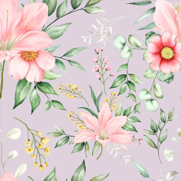 Beautiful Seamless Pattern Flowers Leaves Watercolor — стоковый вектор