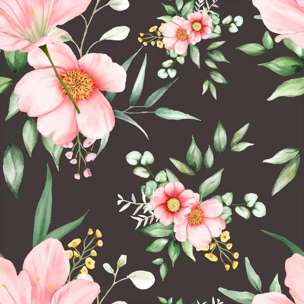 Beautiful Seamless Pattern Flowers Leaves Watercolor — Vetor de Stock