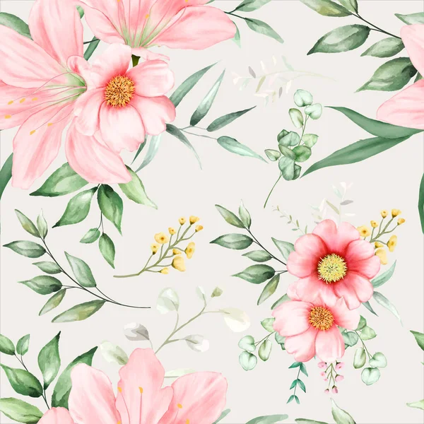 Beautiful Seamless Pattern Flowers Leaves Watercolor — Vetor de Stock