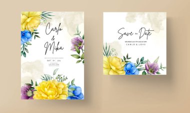 Floral wedding invitation template set with beautiful flowers and leaves decoration