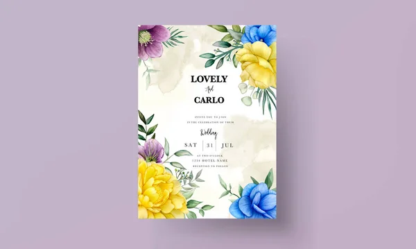 Floral Wedding Invitation Template Set Beautiful Flowers Leaves Decoration — Stock vektor