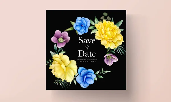 Floral Wedding Invitation Template Set Beautiful Flowers Leaves Decoration — 스톡 벡터