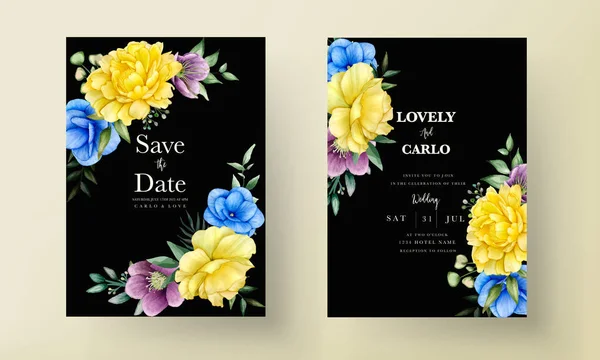 Квіткове Весілля Шаблон Запрошення Набір Красивими Квітами Прикрасою Листя — стоковий вектор