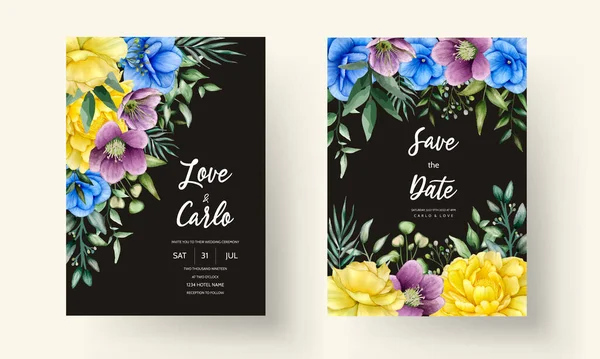 Floral Wedding Invitation Template Set Beautiful Flowers Leaves Decoration — 스톡 벡터
