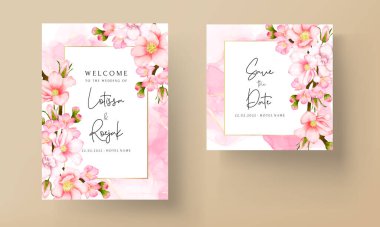 Güzel pembe çiçekli düğün davetiyesi seti