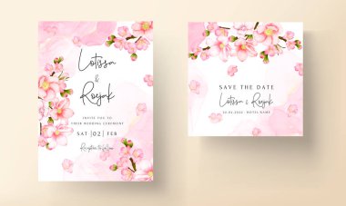 Güzel pembe çiçekli düğün davetiyesi seti