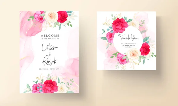 Modèle Invitation Mariage Avec Belles Roses Romantiques Ensemble — Image vectorielle