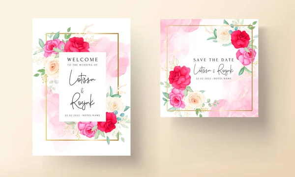 Modèle Invitation Mariage Avec Belles Roses Romantiques Ensemble — Image vectorielle