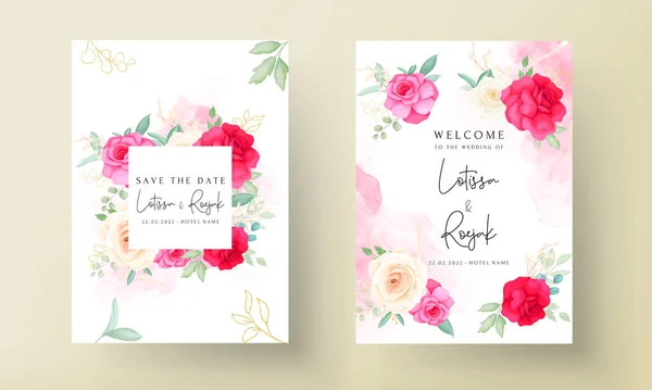 Modèle Invitation Mariage Avec Belles Roses Romantiques Ensemble — Image vectorielle