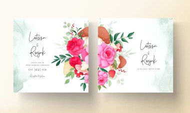 Güzel bir gül çiçeği ve güzel bir mantar el düğün davetiyesi şablonu çiziyor