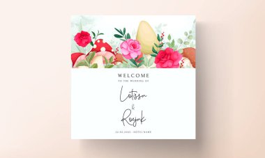 Güzel el çizimi güller ve mantar düğün davetiyesi seti