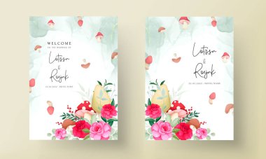 Güzel el çizimi güller ve mantar düğün davetiyesi seti