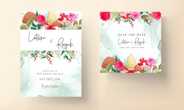 Güzel el çizimi güller ve mantar düğün davetiyesi seti