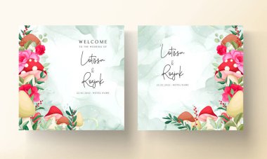 Güzel el çizimi güller ve mantar düğün davetiyesi seti