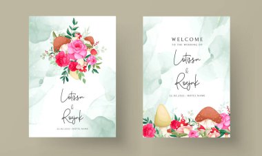 Güzel el çizimi güller ve mantar düğün davetiyesi seti