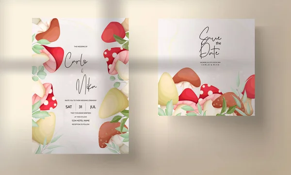 Schöne Handgezeichnete Rosen Und Pilz Hochzeitseinladungskarte Set — Stockvektor