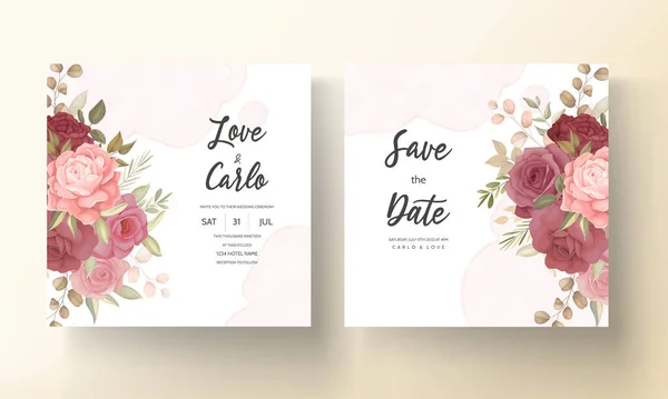 Modèle Invitation Mariage Floral Avec Décoration Élégante Fleurs Feuilles — Image vectorielle