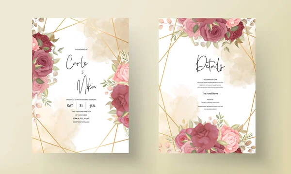 Modelo Convite Casamento Floral Conjunto Com Flor Elegante Folhas Decoração — Vetor de Stock