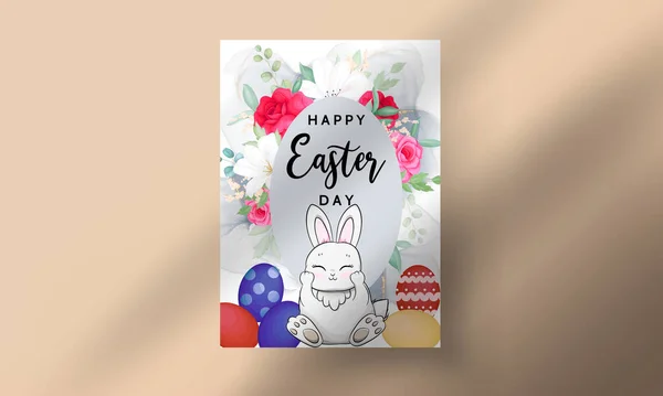 Tarjeta Pascua Feliz Con Conejo Lindo Huevo Pascua Hermosas Flores — Vector de stock