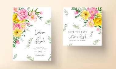 Çiçekli suluboya düğün davetiyesi seti.