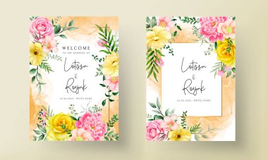 Çiçekli suluboya düğün davetiyesi seti.