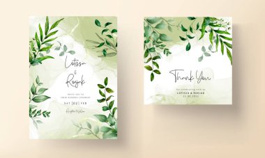 Zarif el çizimi yeşillik suluboya düğün davetiyesi bırakıyor