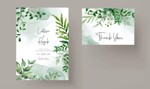 Elegante Handgezeichnete Grüne Blätter Aquarell Hochzeitseinladungskarte — Stockvektor