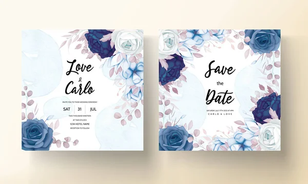 Élégante Carte Invitation Mariage Floral Bleu Brun Doux — Image vectorielle