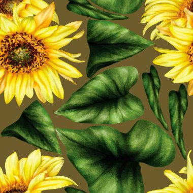 Kusursuz desen Güzel güneş çiçeği ve yapraklar