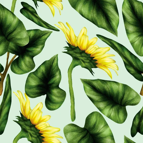 Nahtlose Muster Schöne Sonnenblume Und Blätter — Stockvektor