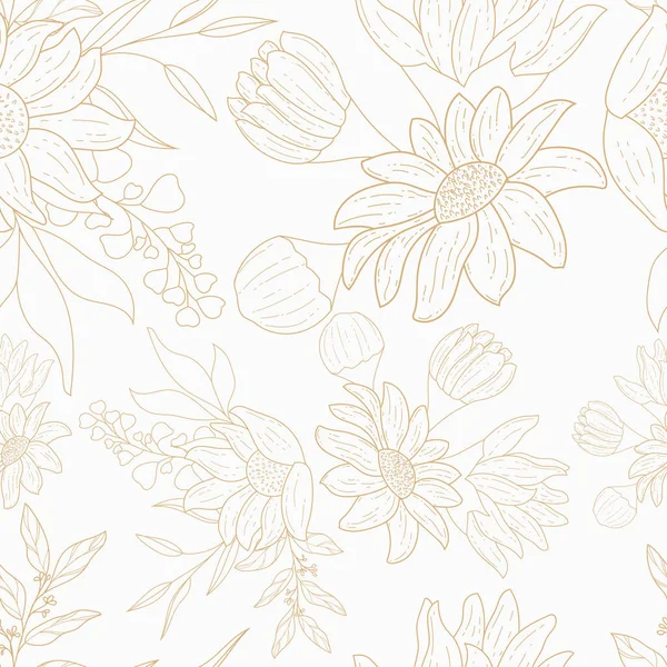 Elegantes Handgezeichnetes Goldenes Florales Nahtloses Muster — Stockvektor