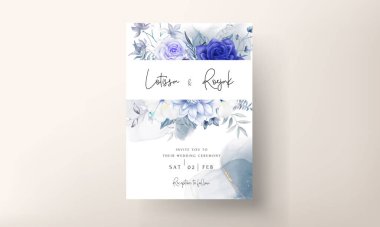Güzel mavi çiçekli düğün davetiyesi şablonu