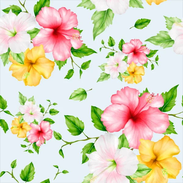 Bela Aquarela Hibisco Flor Floral Sem Costura Padrão —  Vetores de Stock