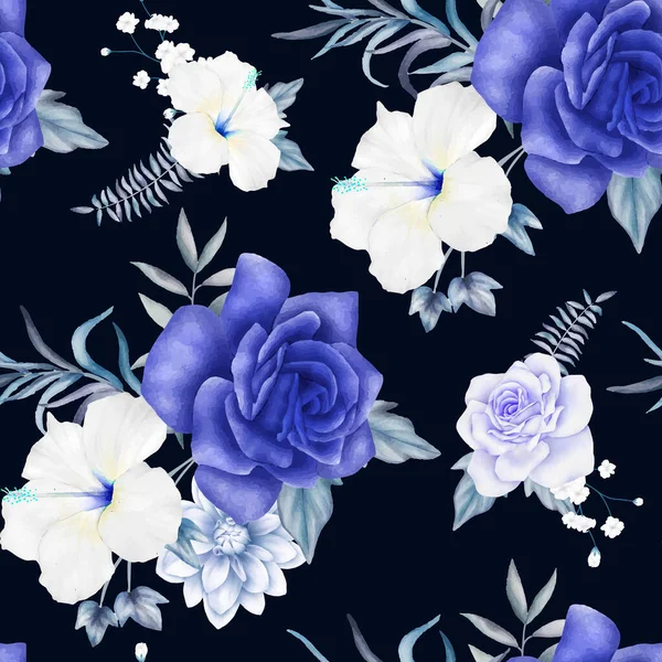 Luxe Bleu Marine Violet Aquarelle Motif Floral Sans Couture — Image vectorielle