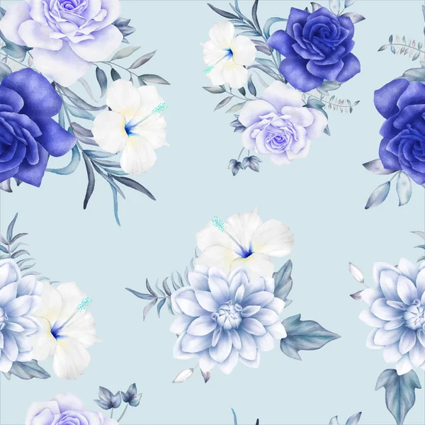 Luxury Navy Blue Purple Watercolor Floral Seamless Pattern — Stock Vector