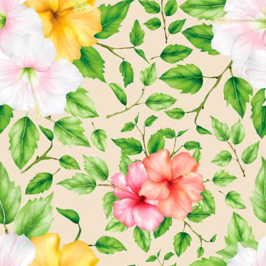 Botanik çiçeği ve yeşil yapraklar pürüzsüz desen tasarımı