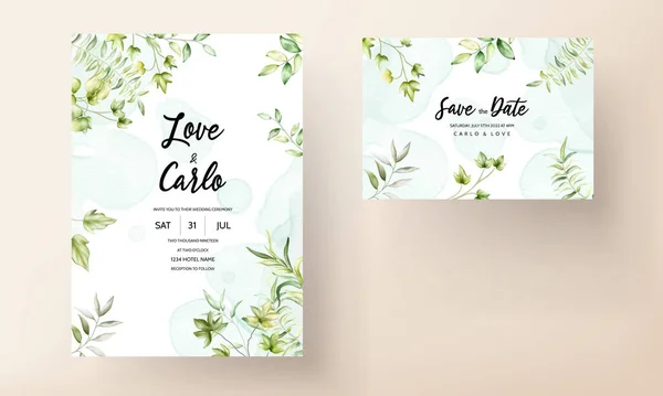 Elegant Watercolor Greenery Leaves Wedding Invitation Card — стоковый вектор